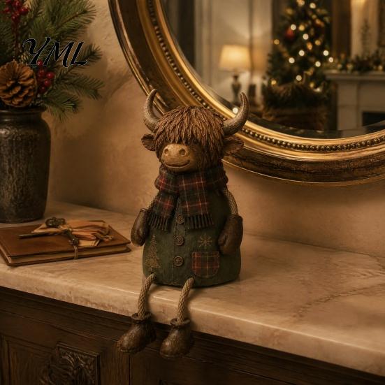 Warm Festive Room Accents Christmas Highland Cow Figurine, Cute Ornament with Retro Plaid Clothing for Farmhouse Holiday Charming Animal Art