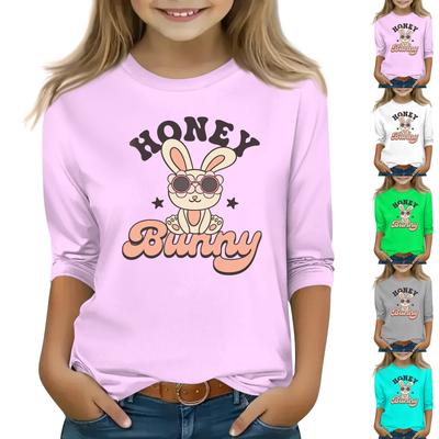 Children's 3/4 Sleeve Tops Casual Print T Shirt Round Neck Pullover Blouse
