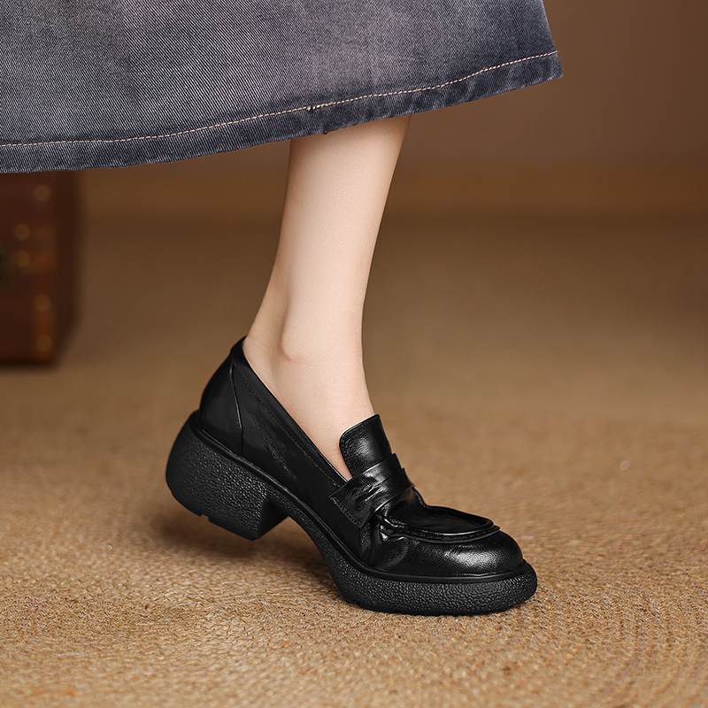 Krazing Pot Sheepskin Autumn Winter Shoes Slip on Chunky Heels Oxford Shoes Size 43 Round Toe Deep Mouth Waterproof Pumps
