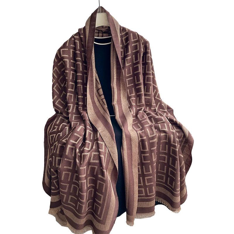 Spring And Autumn Thin Imitation Cashmere Scarf Women'S Versatile Letter Gold Line Decoration Air Conditioning Shawl Warm Thickened Scarf