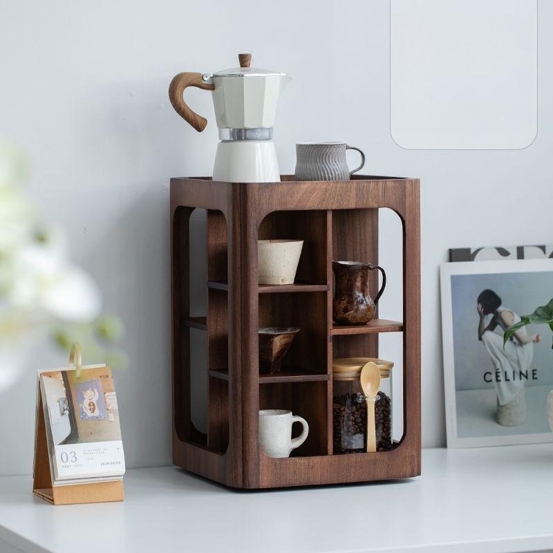 BEPAN Rotatable 4-Tier Walnut Wood Storage Rack Desktop Organizer for Cups Coffee Accessories Solid Wood Stand Home Storage