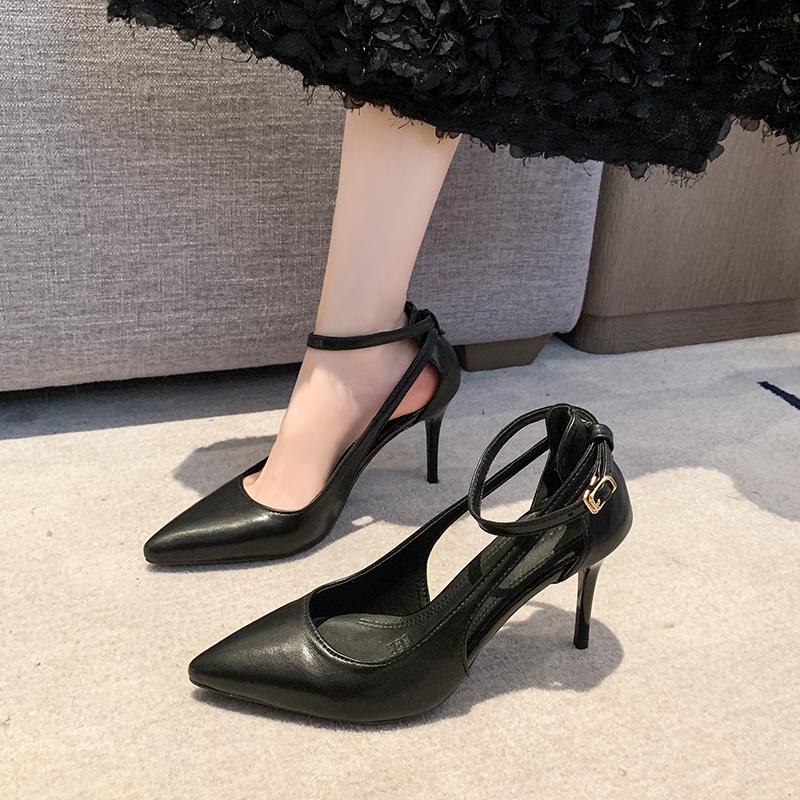 Metal Buckle Stiletto Sandals Autumn New Pointed Toe Shallow Mouth One Strap Anti-Slip Wear-Resistant High Heels