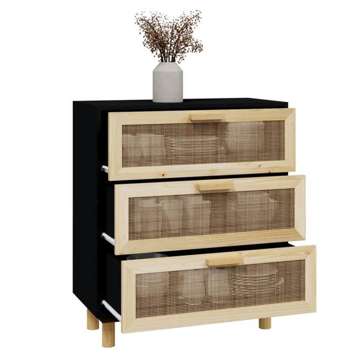 VidaXL Buffet Noir 60x30x70 cm Bois de pin massif et rotin naturel 345634