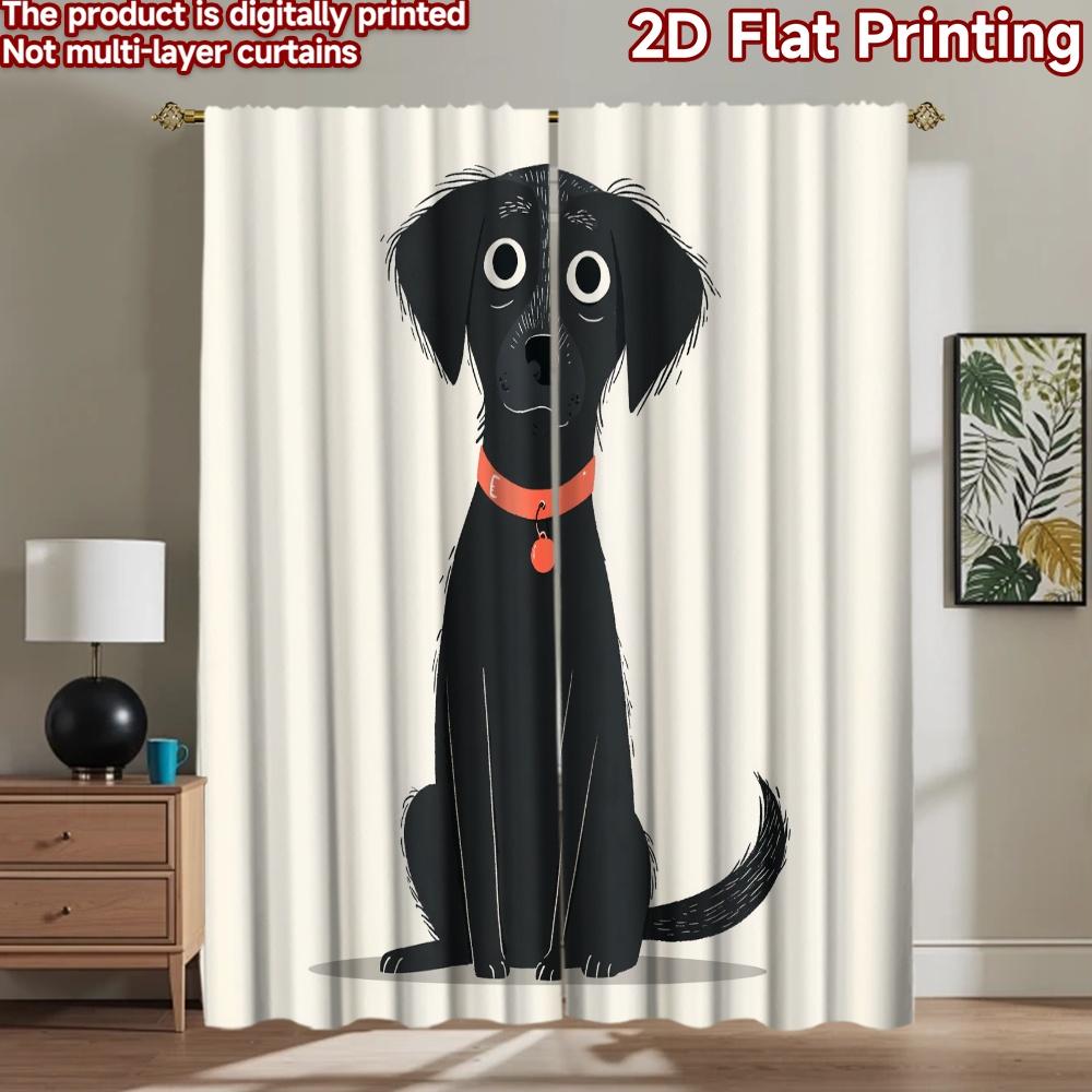 2D Flat Printing 2pcs Party Curtain Cute Black Lab Puppy Digital Printed Polyester Drapes Festive Holiday for Photo Booths