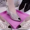 fashion Hot Fashion Spring Rhinodrill Thick High Heel Pointed Black Bow European and American Fashion Mesh Hollow-out Women's Shoes