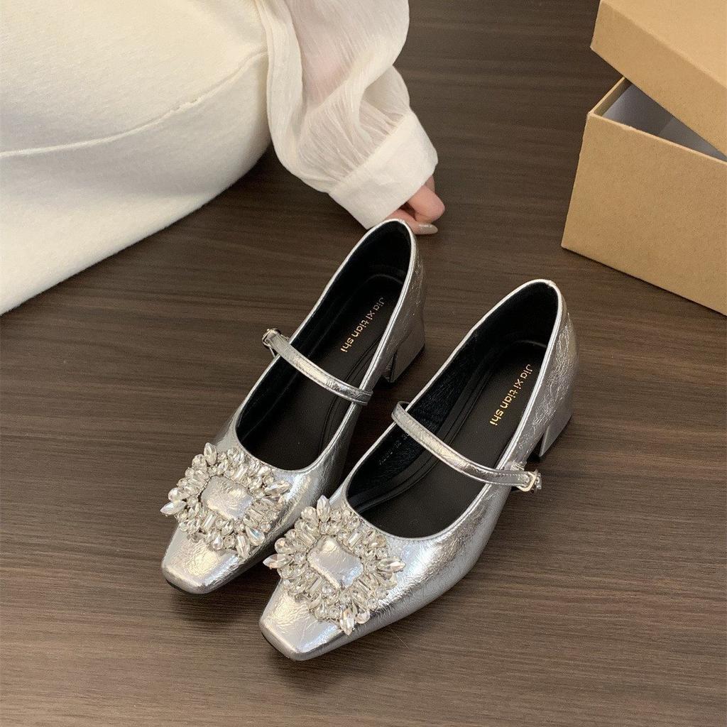 Evening breeze spring and autumn silver new light mouth rhinestone 2025 thick heel Mary Jane high heels commuting French single shoes women