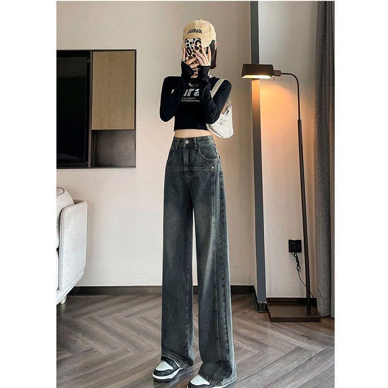 High Waist Wide Leg Jeans Women's Velvet Winter, New Black Loose Narrow Straight Pants