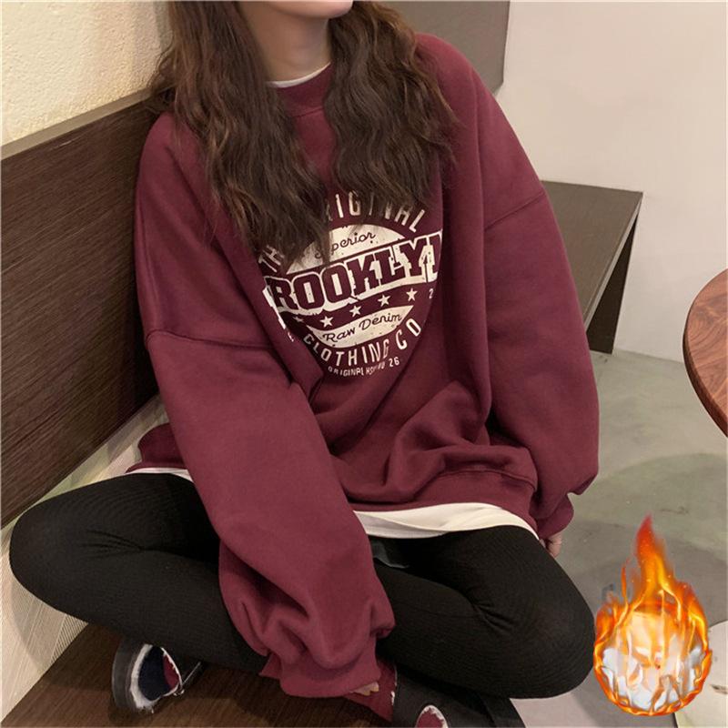 

Утепленный корейский свитшот для женщин, круглый вырез, надписи, свободный, парный, базовая футболка для женщин, женская одежда M