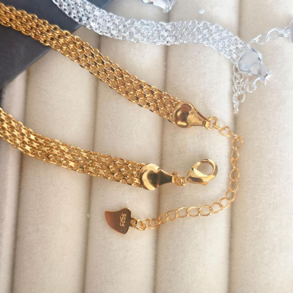 Silver Plated Embossed Grid Flat Watch Chain Bracelet Women's Fashion Accessories