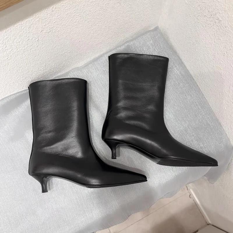 Women'S Fashion Pointy Cat Heel Ankle Boots Fall New Low Heel Slim Heel Retro Wide Mouth Set Foot Mid-Calf Boots