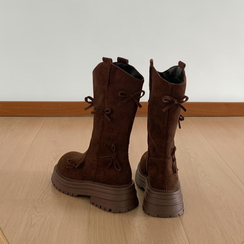 Autumn Winter Platform Thick Sole Women Mid Calf Fashion Butterfly knot Female Retro Western Cowboy Booties