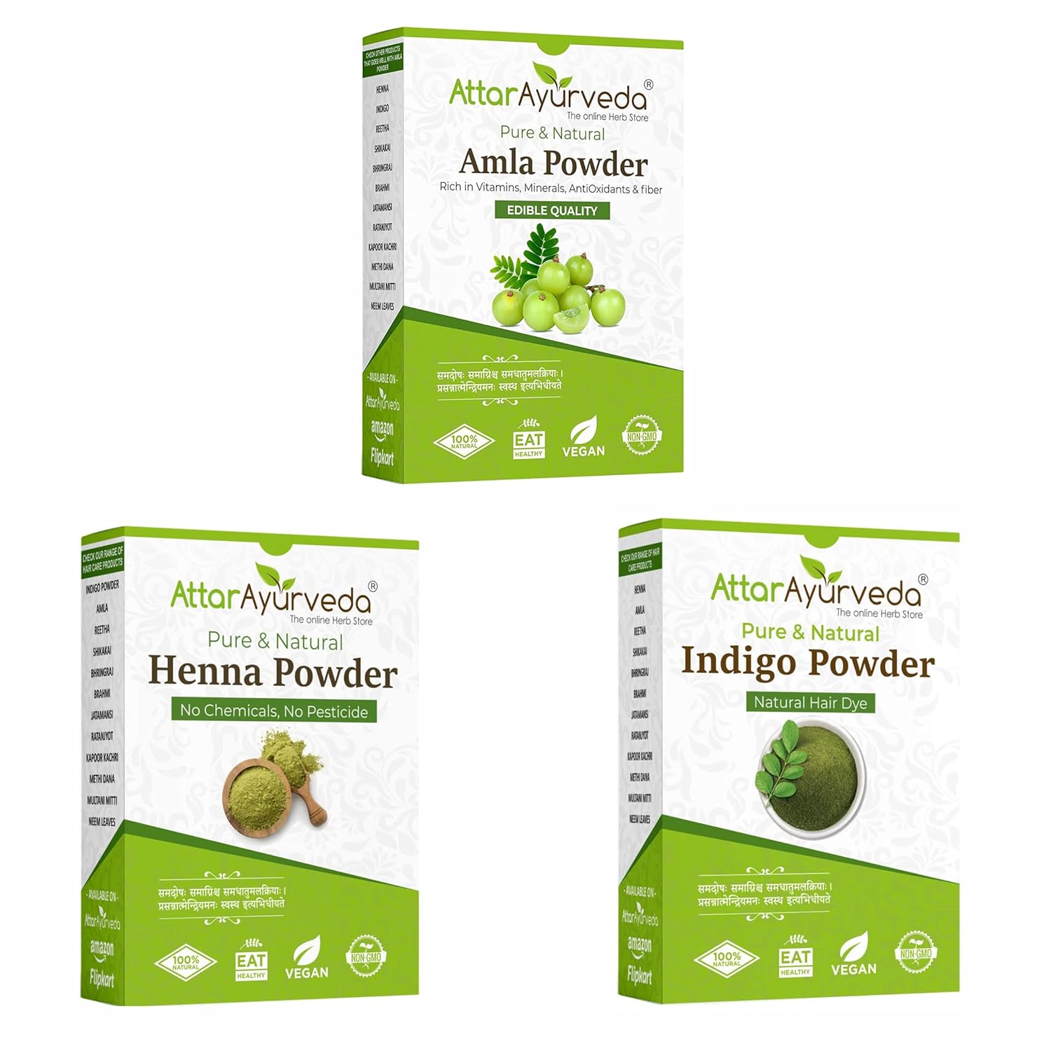 Attar Ayurveda Henna ,Indigo, Amla Hair Powder Combo 650g Natural Hair Coloring Treatment