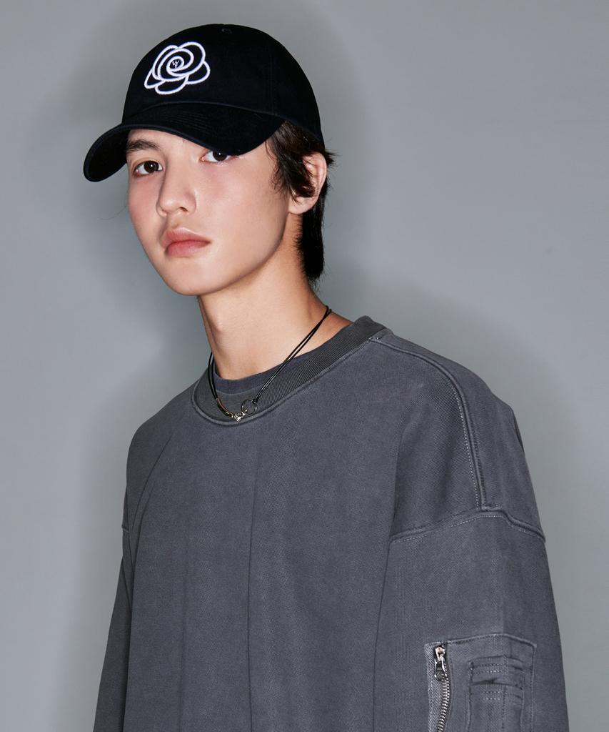 ATTENTIONROW Big Flower Logo Embroidered Ball Cap (Black)