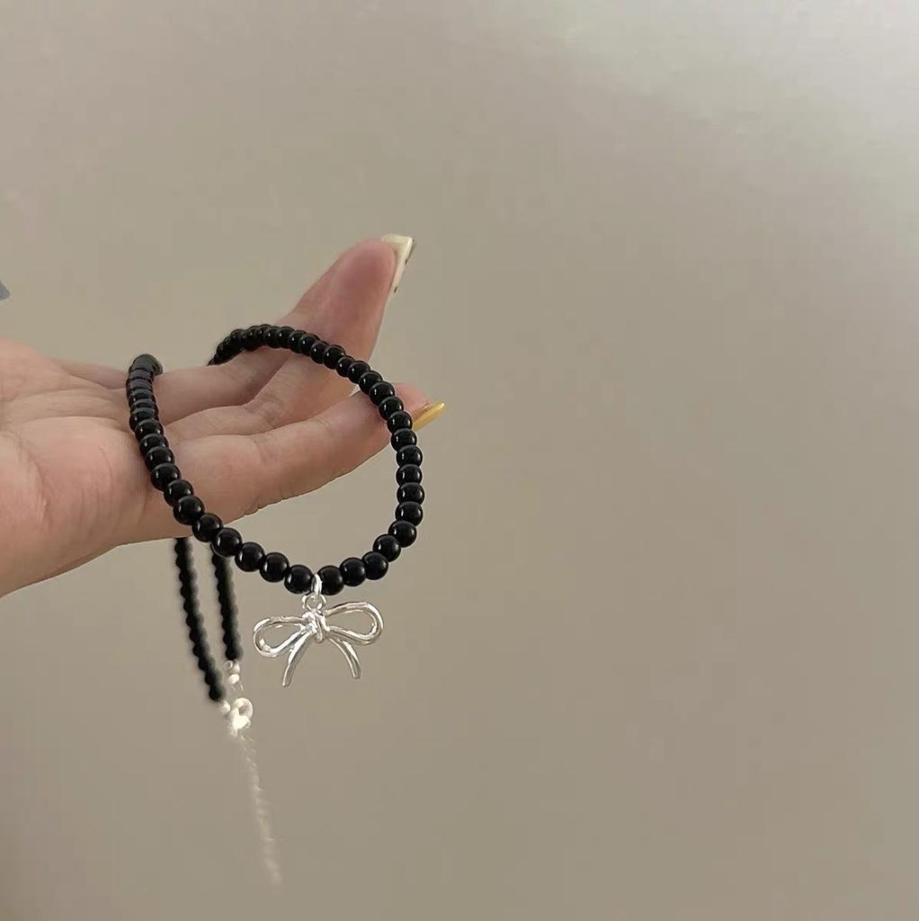 "Wind" Korean niche design transparent crystal beaded bow necklace temperament versatile new neck chain