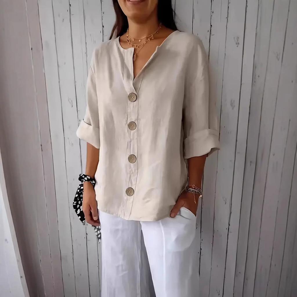 2025 Neues Sommer Lockeres T-Shirt Damen V-Ausschnitt Baumwolle und Leinen Knopf-Tops