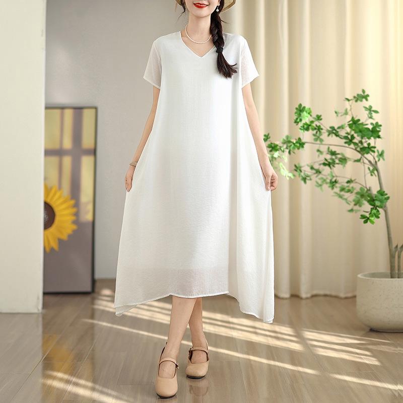 Solid Color V-neck Short-sleeved Cotton and Linen Dress Women's 2025 Summer New Medium-length Fairy Skirt Linen Skirt Children