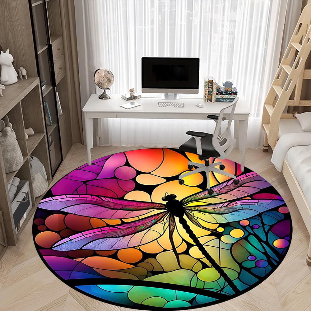 1pc Dragonfly StainedGlass Office Round Area Rug,  Mat Suitable ForOffice, Under Office Chairs Bedroom Living Room Home Decor, Room Deco
