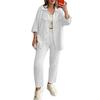 Summer 2 Piece Outfit for Women Oversized Button Down Long Sleeve Shirt And Cropped Pants Set Casual Loungewear Tracksuit