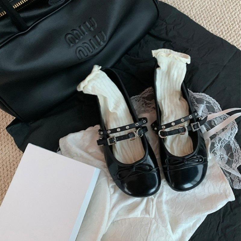 Women's Flat Shoes Fall New Square Head Shallow Mouth Butterfly Knot Rivet Soft Sole Non-slip Low Top Single Shoes