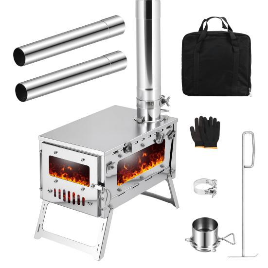 Foldable Camping Stove, Stainless Steel Portable Wood Burning Stove, Tent Stove with Visible Window, Adjustable Vent & Multiple-Section Pipe for