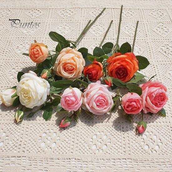 Artificial Rose with Stem Green Leaves Realistic Fake Flower Wedding Party Home Office Table Centerpiece Faux Floral Branch Decoration