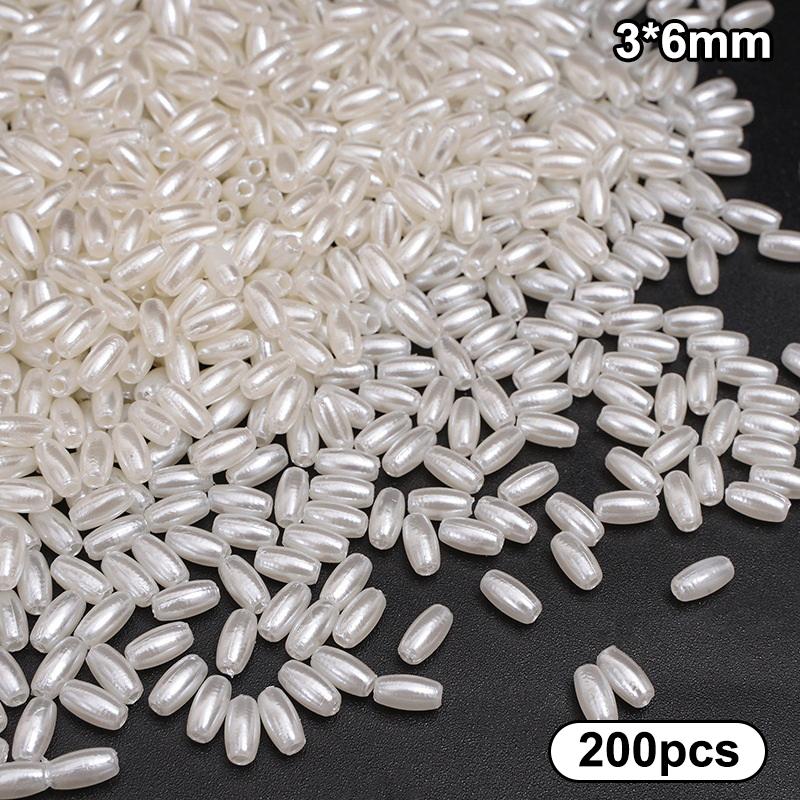200Pcs Long Oval Abs Imitation Pearl Beads White Plastic Loose Spacer For Diy Jewelry Bracelets Necklaces Crafts Making Wedding