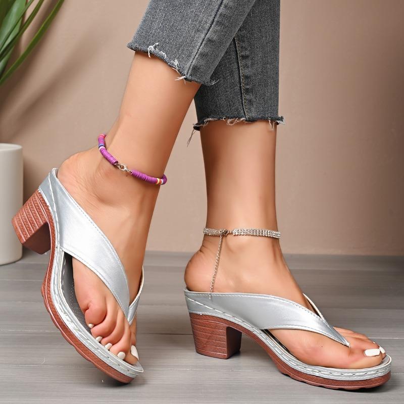 Fashion Women Sandals High Quality Summer Sandals Woman Solid Color Mid Heel High Heels Shoes Women Open Toe Flip Flops Sandals Female