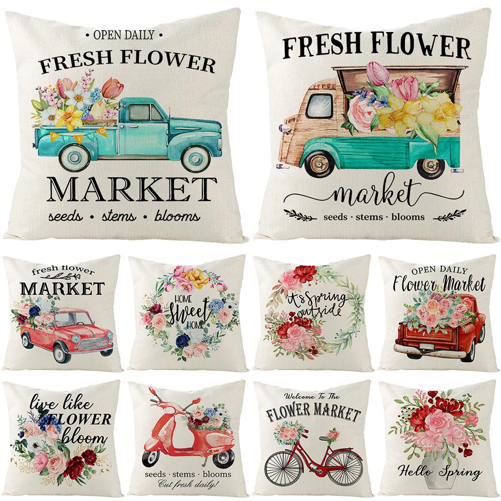 Flower Truck Pillowcase Nordic Linen Printed Sofa Pillowcase Living Room Bedroom Bedside Cushion Cover