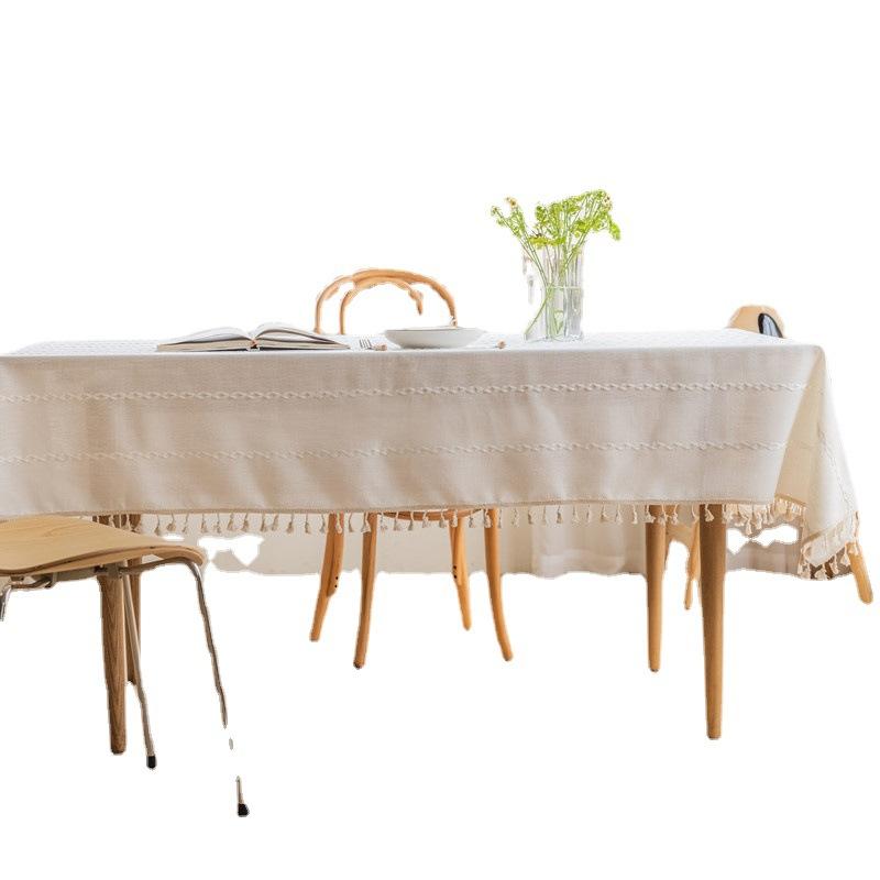 Imitation Baumwolle und Leinen Bestickte Fransen-Spitze Geometrisch Rechteckig Kaffeetisch Tischdecke Esstischdecke