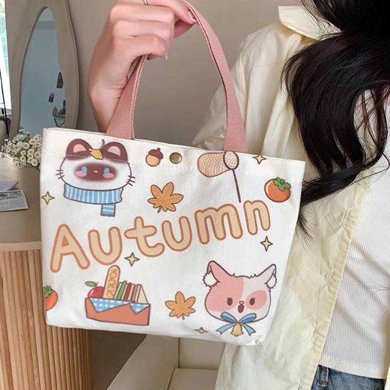 Canvas Tote Bag Cute Storage Bag Large Capacity Mini Handbags Portable Cartoon Print Lunch Bag