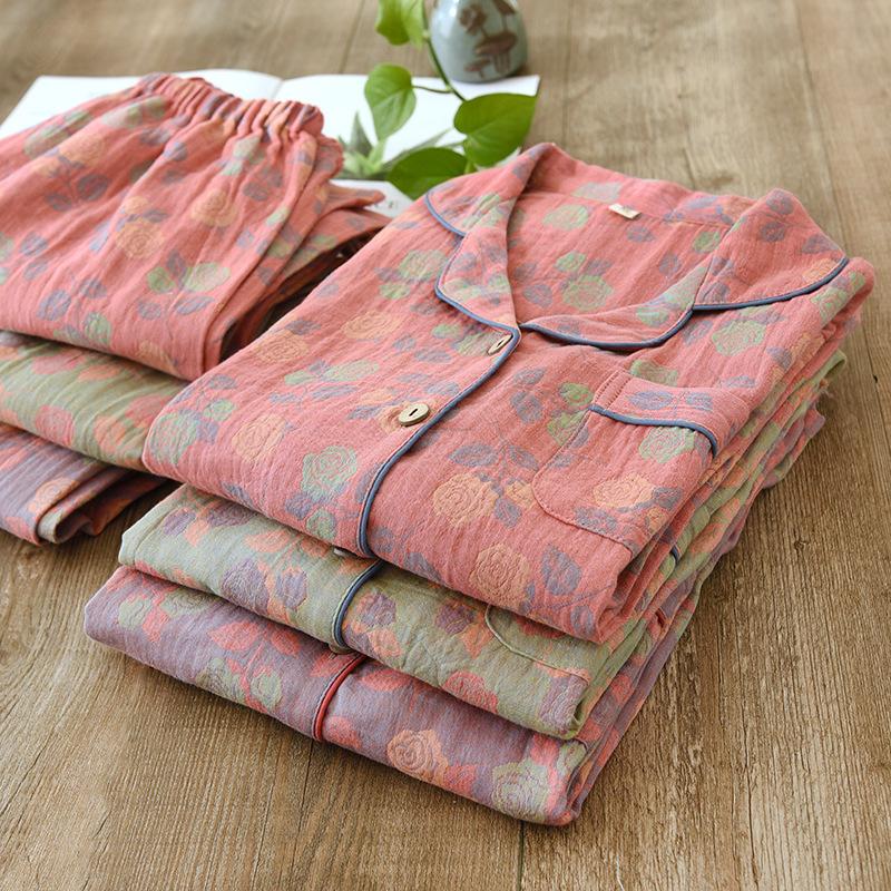 Yarn-dyed Floral Cotton Lapel Cardigan Long Sleeve Retro Home Clothes Set