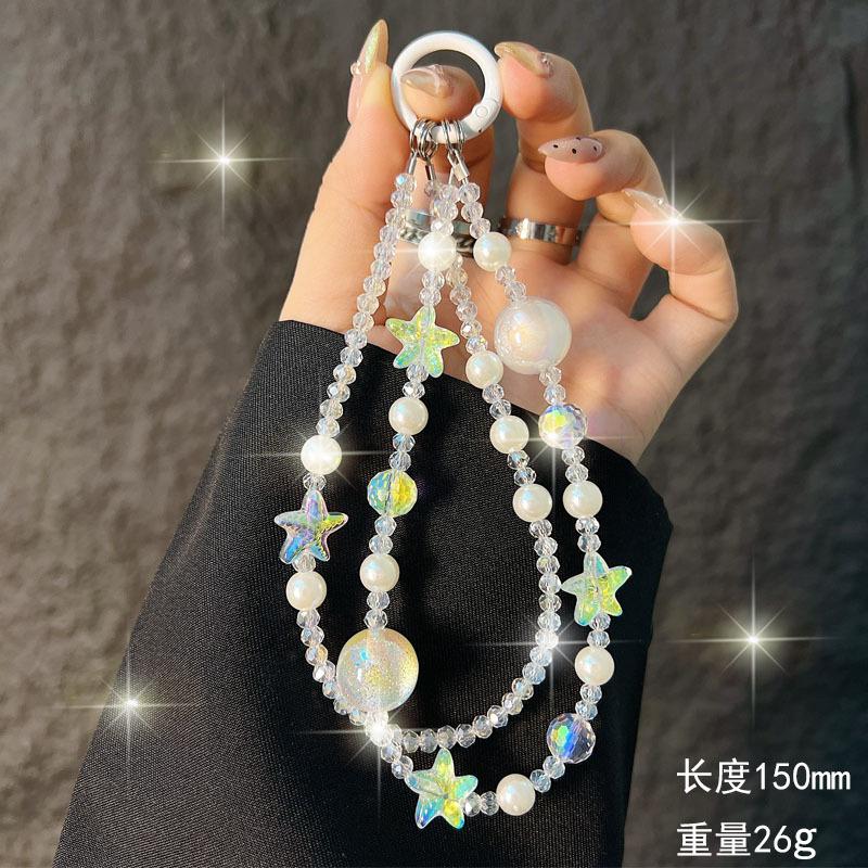 New Crystal Starfish Double Layer Phone Chain Short Crystal Pearl Beaded Phone Strap Wrist Bag Pendant Anti-Lost