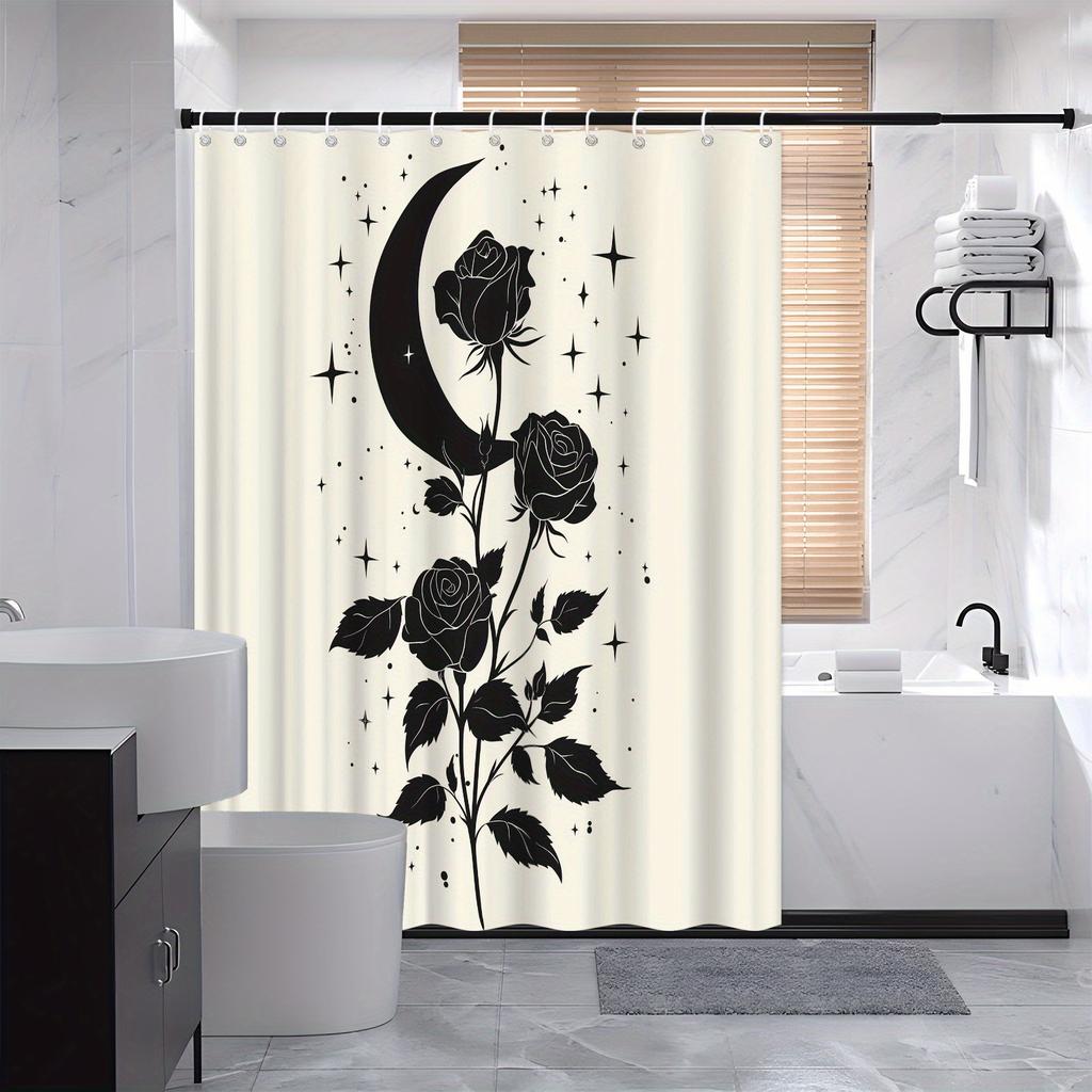 Romantic Black Roses & Crescent Moon Shower Curtain - Sparkling Stars, Soft Beige Background, Durable Polyester, Bathroom Decor