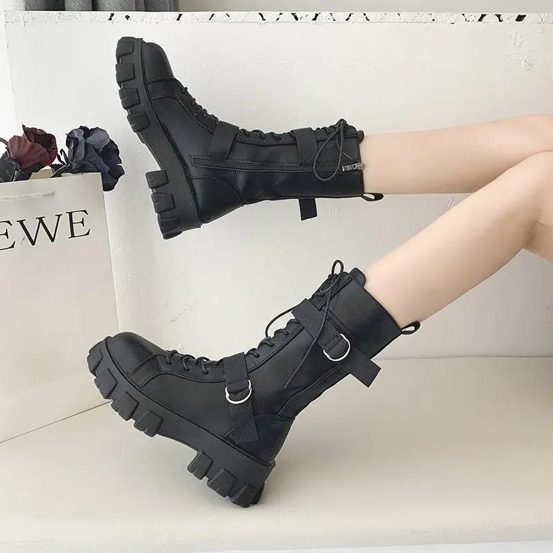 Fashion Women's Boots Fashion Motorcycle Boot Luxury High-tops Leather Boot Non Slip Platform Boots for Women Knight Boots Botas Mujer