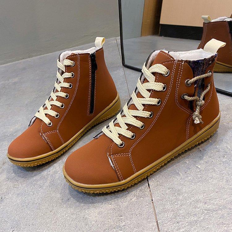 

Large size foreign trade new flat bottom round head side zipper warm cotton shoes European and American fashion short flat bottom Martin boots 42 темно-коричневого кольору