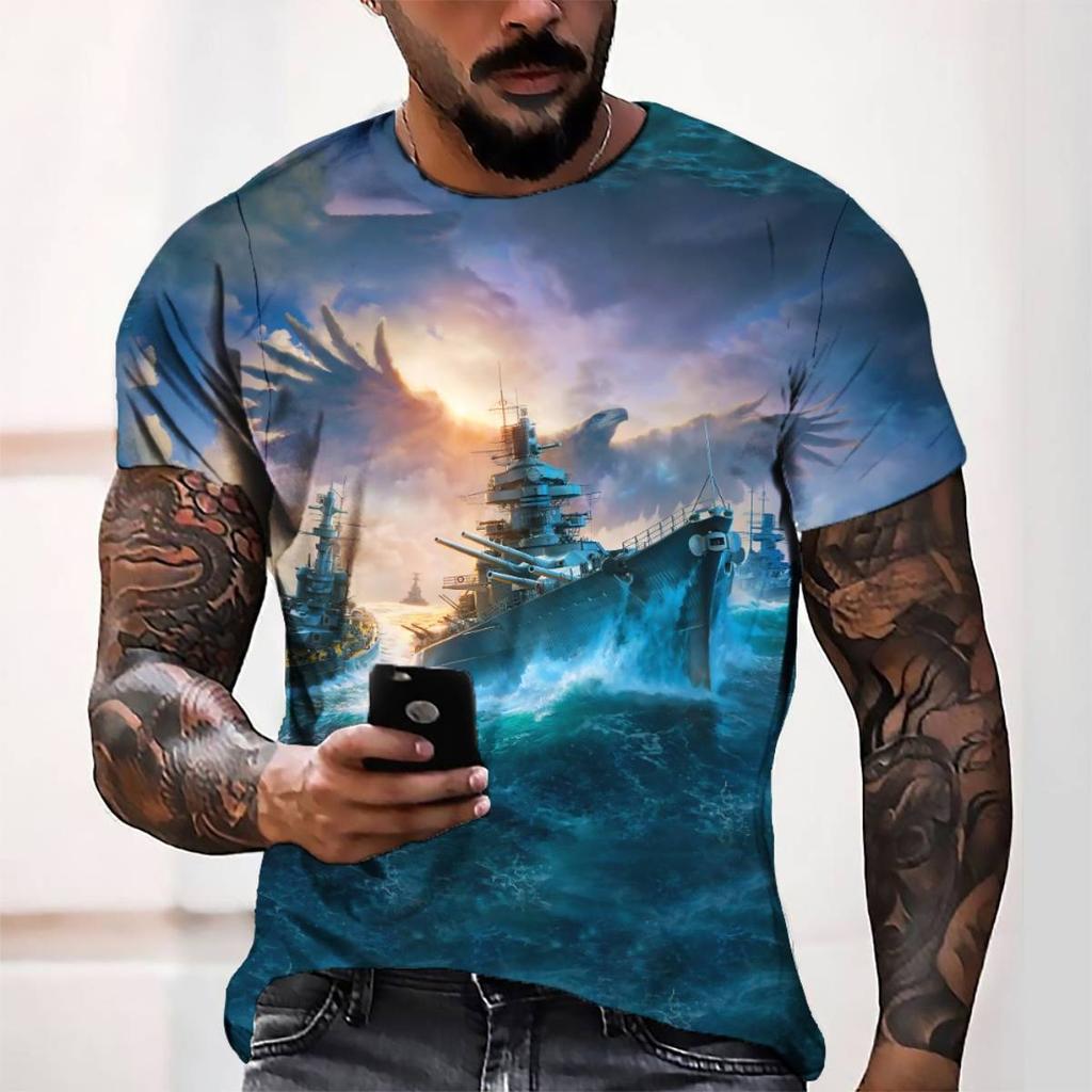 Vintage T-Shirts Men Spring Clothing Boat Graphic Apparel Streetwear Men's Clothing Casual Short Sleeve Tops For Male Shirt Tees
