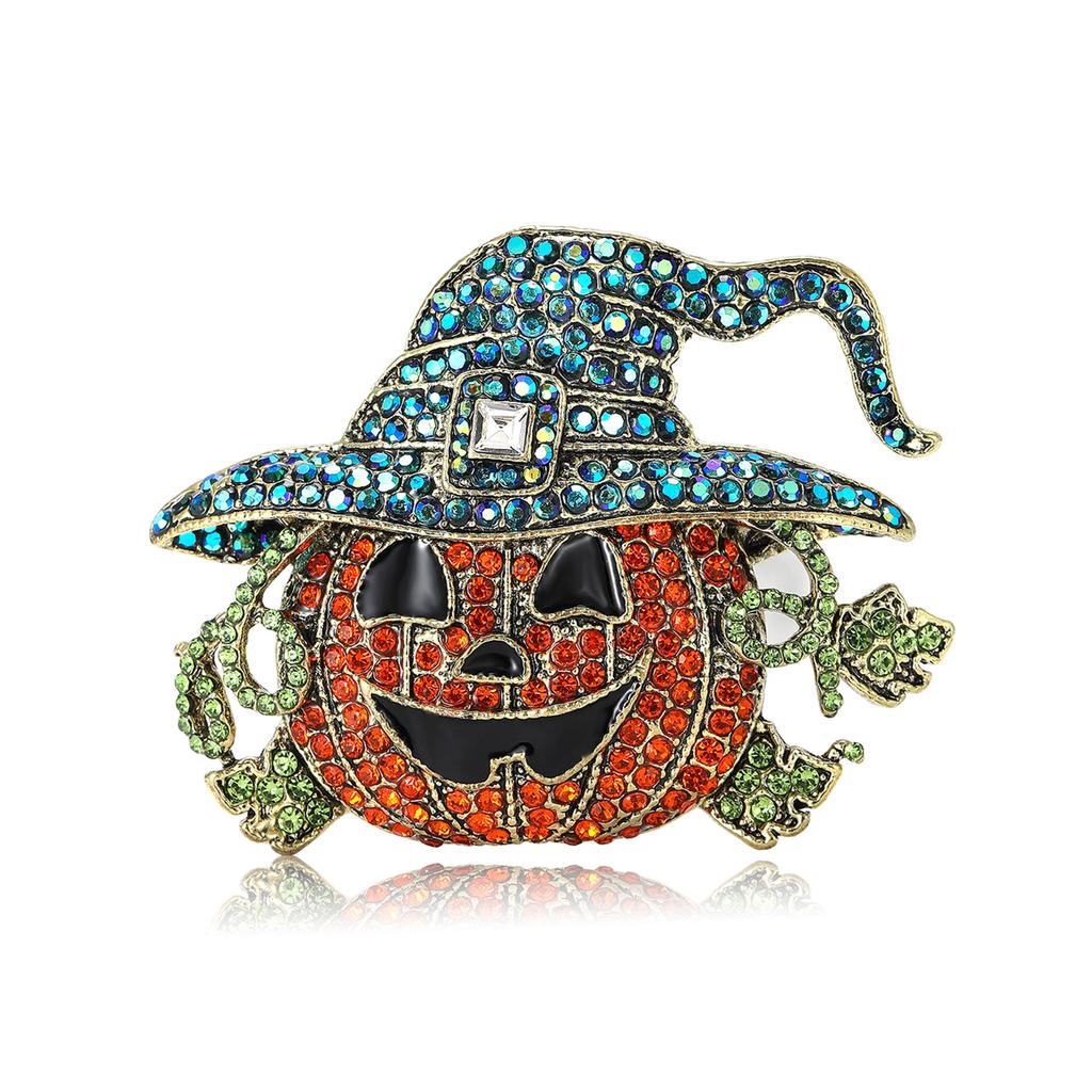 Creative Alloy Rhinestones Big Pumpkin Wizard Brooch Halloween Men'S And Women'S Suit Sweater Corsage Ornament Pin