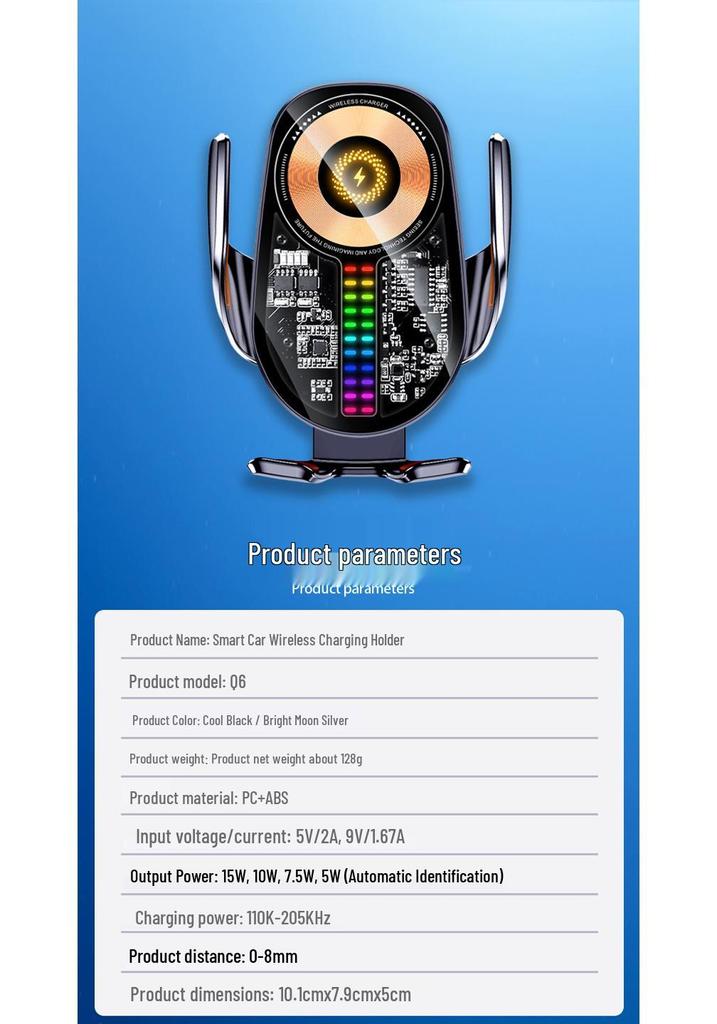Q6 RGB Sound-Reactive Wireless Charging Car Phone Holder with Foldable Screen and Unobstructed Lens Design