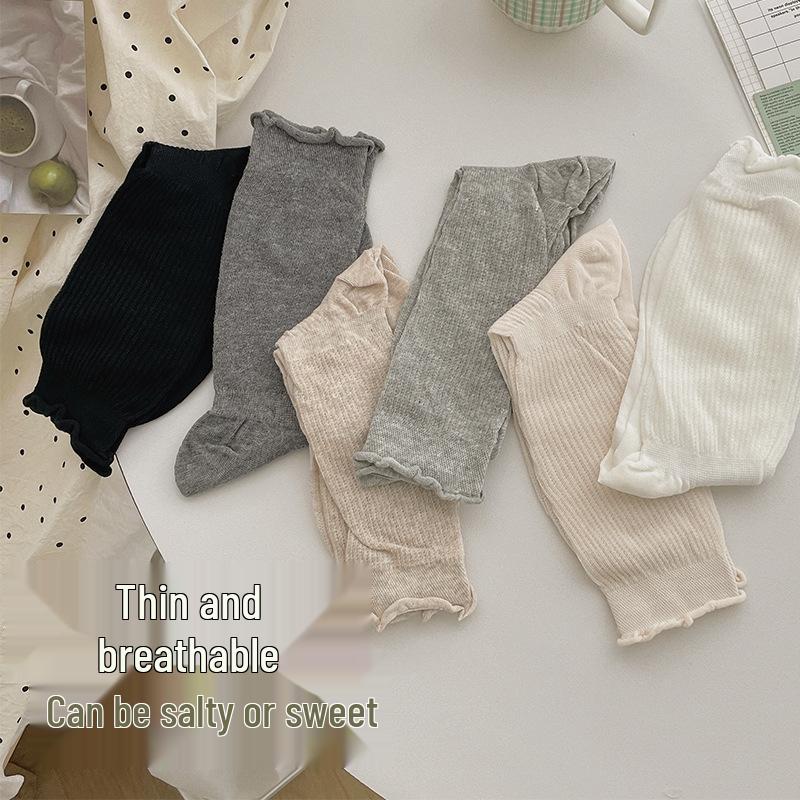 Women's Ballet-Style Japanese Mesh Socks: Sweat-Absorbent, Breathable, Ruffled Edge, Solid Color, Thin Slouch Style.