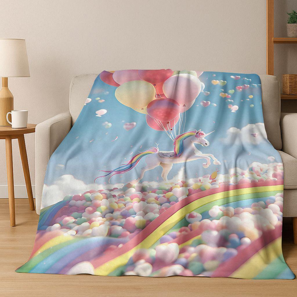 Kreslený duhový jednorožec Elfové Dívka Dárek Flanelová deka, Útulná měkká přehozová deka pro domov Ložnici Postel Pohovku Piknikový potah Děti