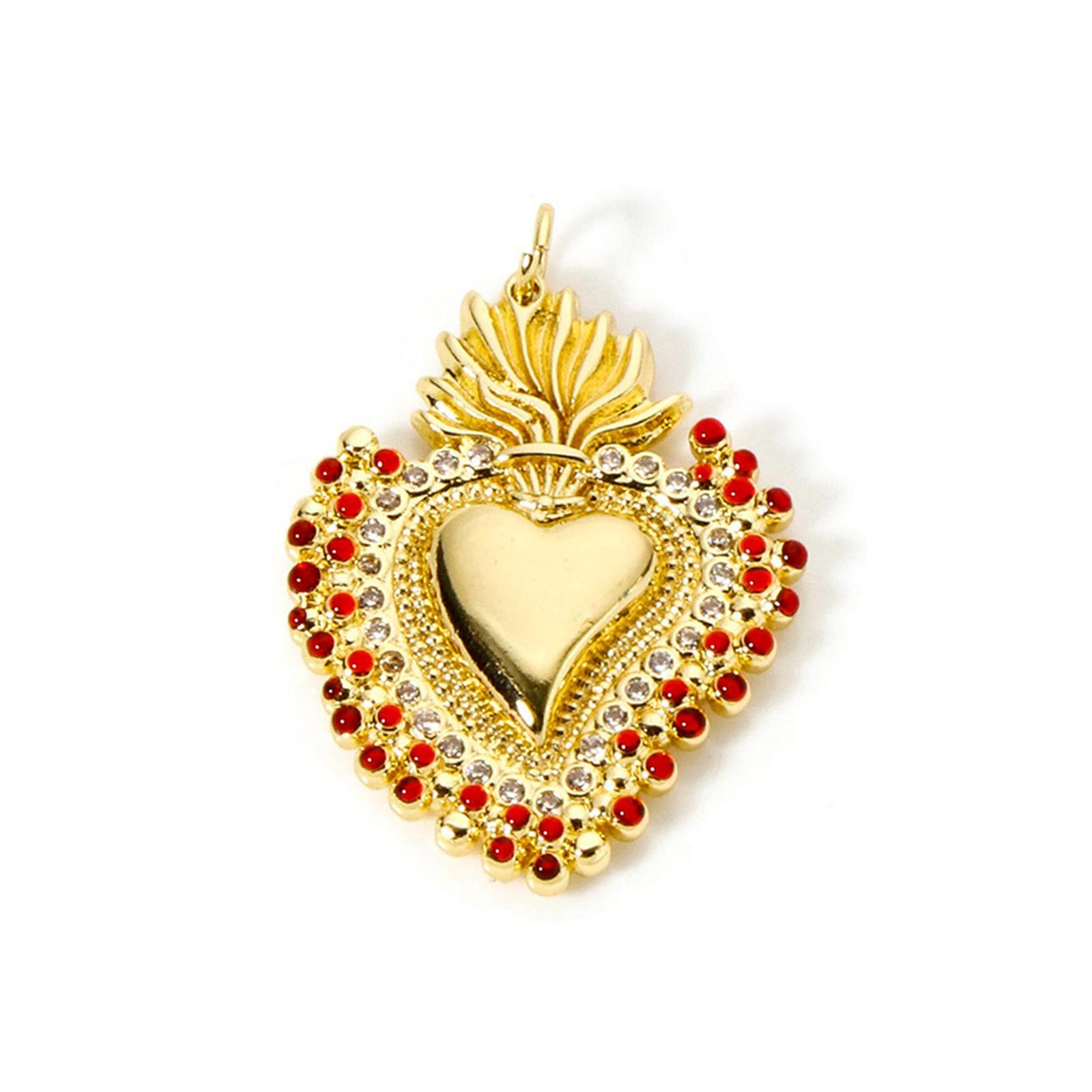 1pc Red Enamel Heart Pendant Religious Brass Charms 18K Gold Plated Micro Pave Clear Cubic Zirconia Pendants 3.5cm x 2.4cm