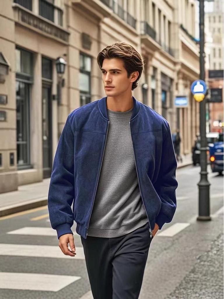 Men's Retro Suede Stand Collar Jacket - Loose Fit, Zipper Cardigan Coat, Trendy and Fashionable for Autumn/Winter