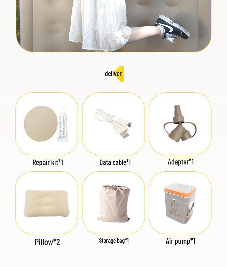 Samopompujący Beżowy Materac Powietrzny - Podwyższony, Pogrubiony, Składany na Kemping lub Przerwy na Lunch