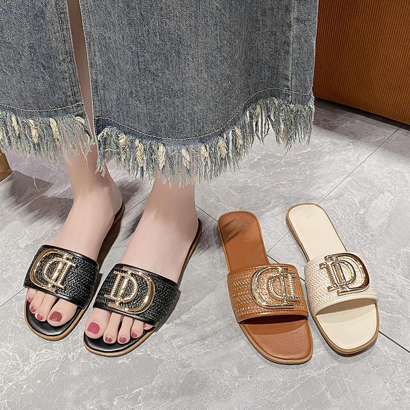 Women Luxury Decor Weave Design Flat Sandals Fashion Open-toe Vacation Casual Slides Party Elegant Office-Ladies New Slippers