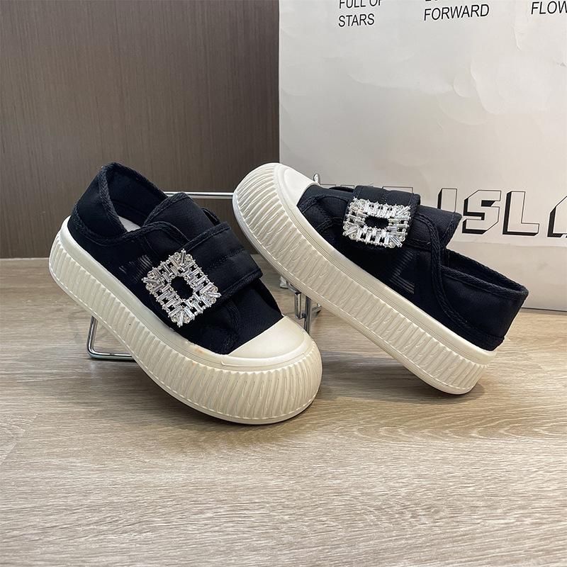 

thick-soled little white shoes women s shoes 2025 summer thin mesh board shoes women s breathable heels two wear Velcro single shoes 35
