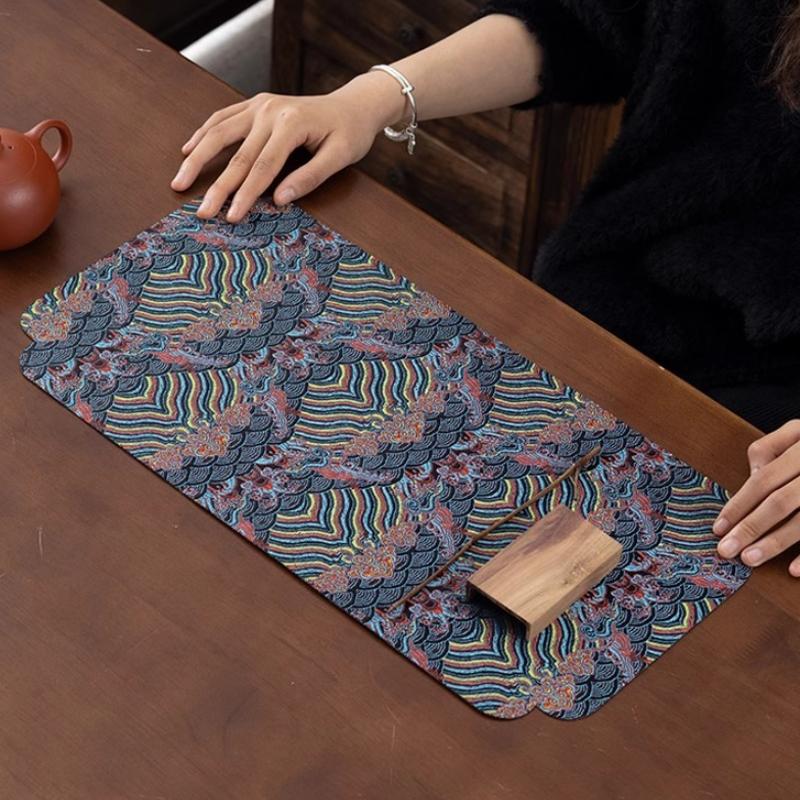 Double-Sided Brocade Tea Mat - Chinese Zen Style Non-Slip Dry Brewing Pad for Tea Ceremony Vintage Table DecorTraditionalCoaster