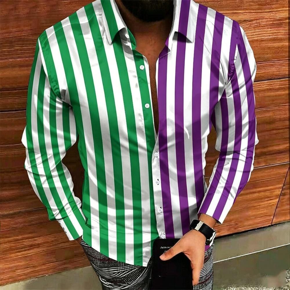 Men's Striped Long Sleeved Shirt 3D Digital Print Lapel Button up High-Quality Business Casual Clothing for Men