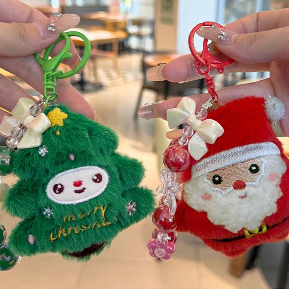 Santa Claus Cartoon Beads Keychain Stuffed Plush Dolls Christmas Plush Doll Toy Birthday Gift