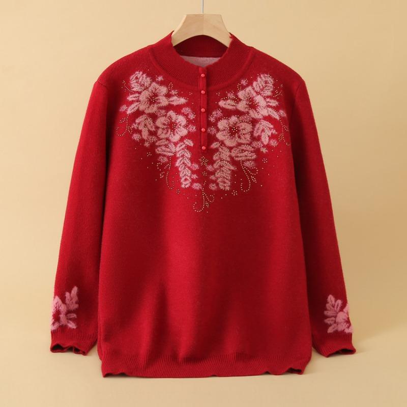 Middle-aged and old fleece mother sweater thickened women's knitted sweater integrated fleece warm backing top mother-in-law clothes