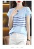 Women's Spring 2024 Cotton Striped Knitwear T-Shirt - Short Sleeve, Round Neck